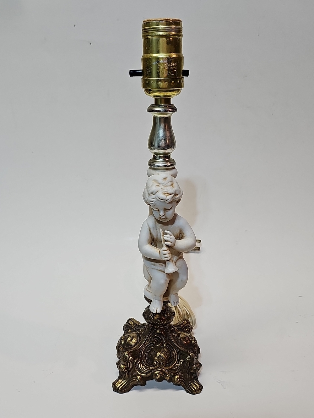 Vintage Midcentury Porcelain Bisque White Cherub Table Lamp with Brass Base